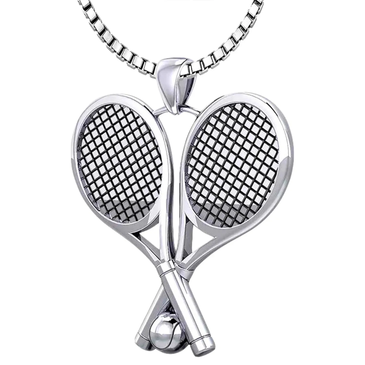 Small 925 Sterling Silver 3D Double Tennis Racket & Ball Pendant Necklace, 25mm