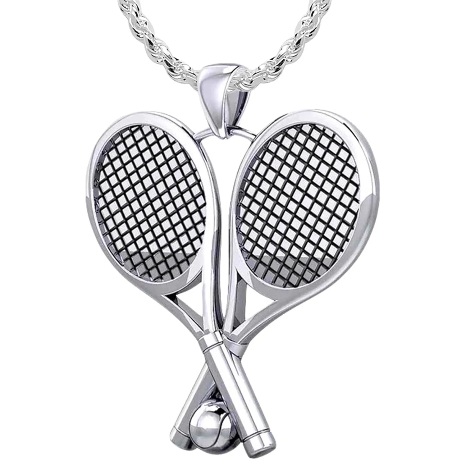 Small 925 Sterling Silver 3D Double Tennis Racket & Ball Pendant Necklace, 25mm