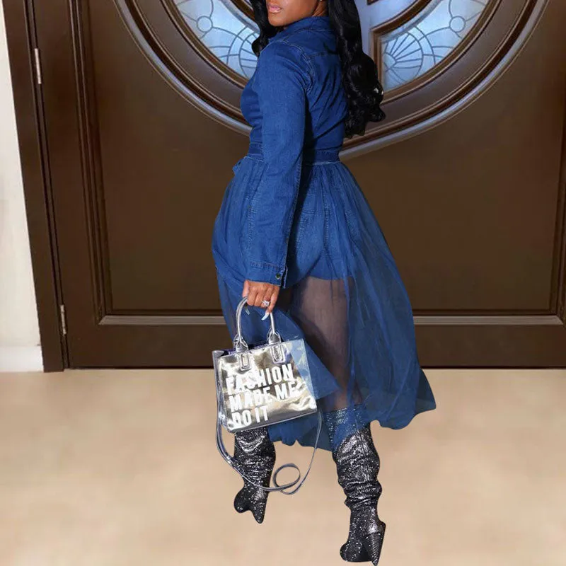 Solid Long Sleeve Mesh Patchwork Denim Long Trench Coat