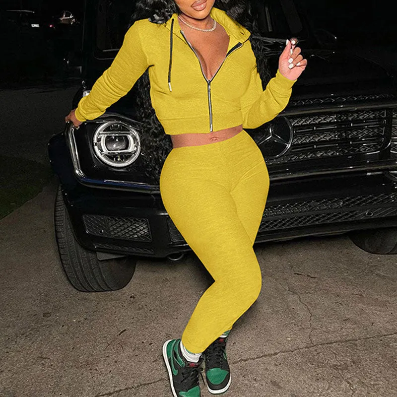 Solid Long Sleeve Zipper Design Hoodie Top & Pants Set