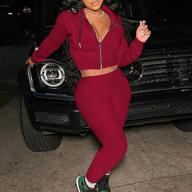 Solid Long Sleeve Zipper Design Hoodie Top & Pants Set
