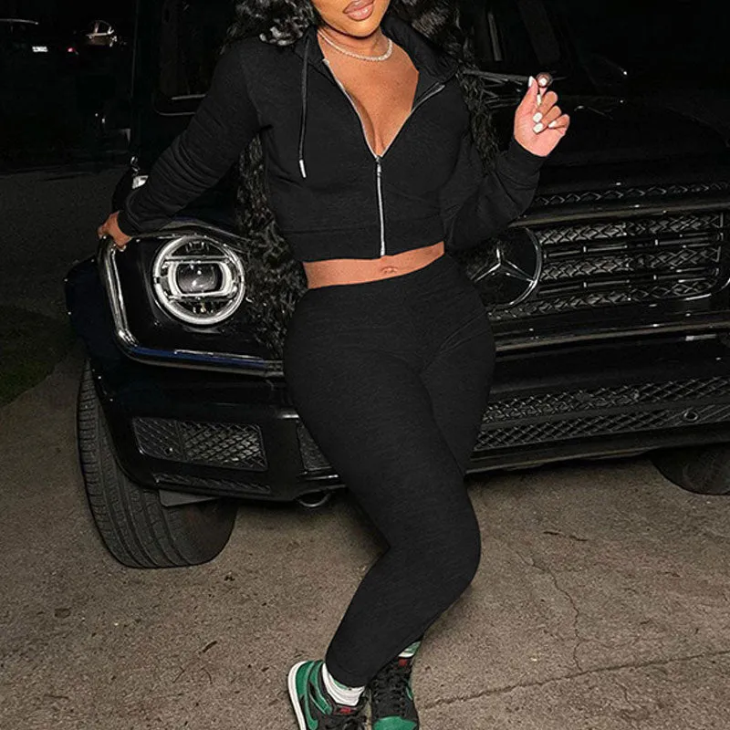 Solid Long Sleeve Zipper Design Hoodie Top & Pants Set