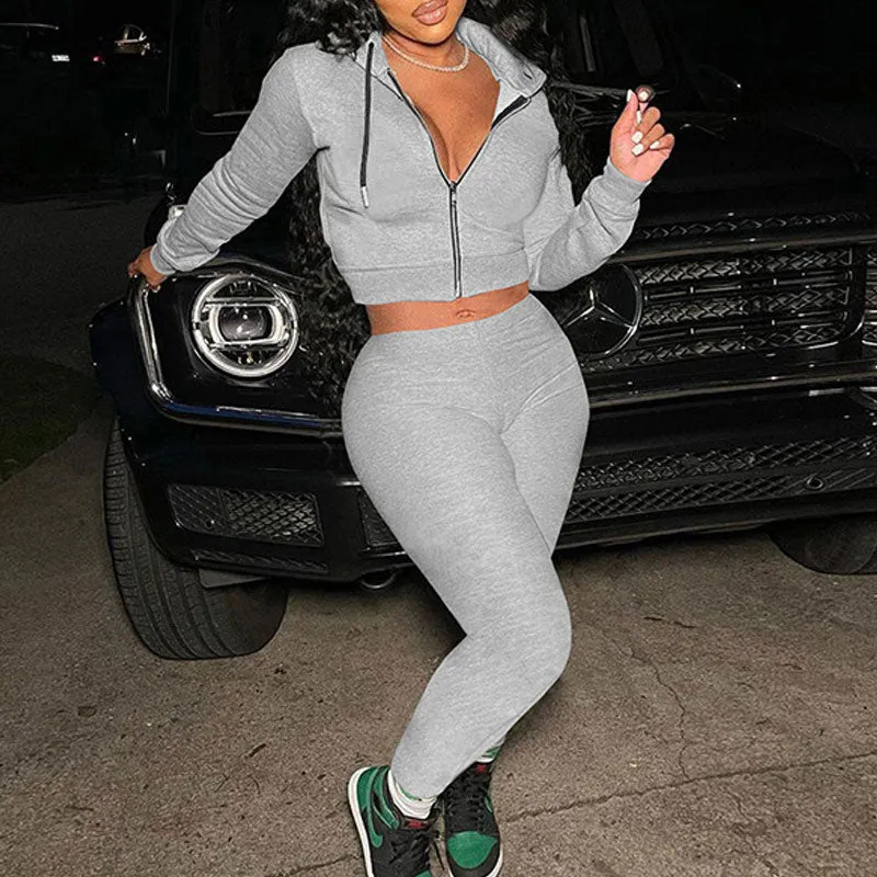 Solid Long Sleeve Zipper Design Hoodie Top & Pants Set