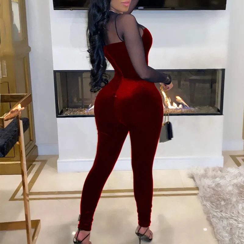 Solid Velvet Sheer Mesh Patchwork Long Sleeve Jumpsuit
