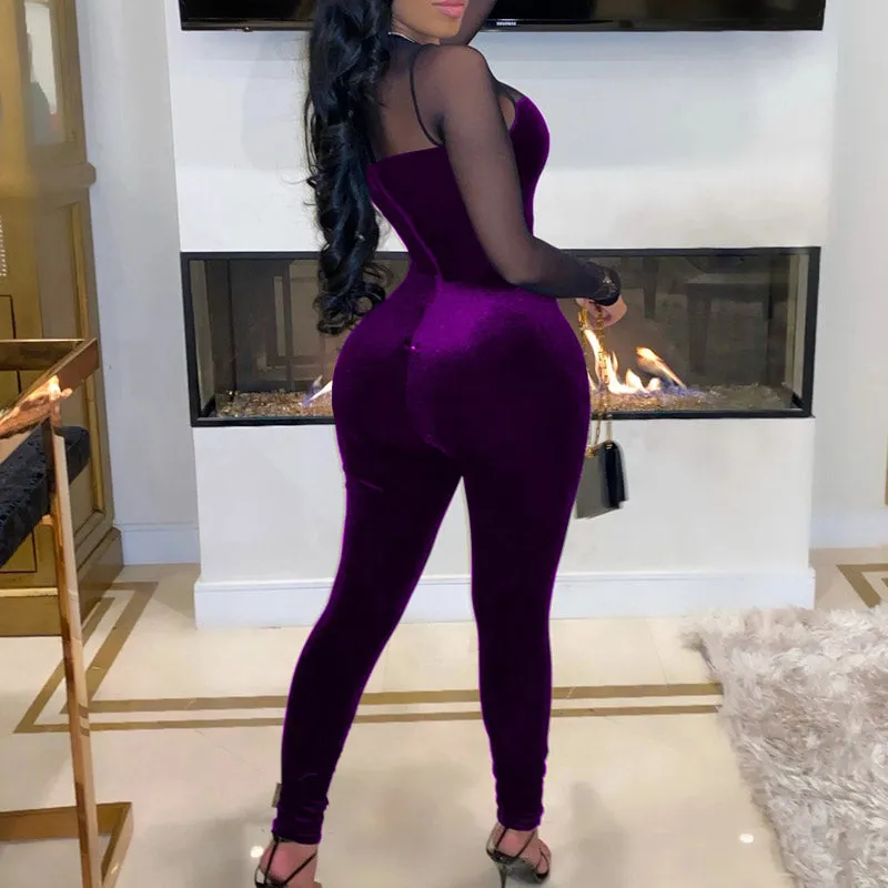 Solid Velvet Sheer Mesh Patchwork Long Sleeve Jumpsuit