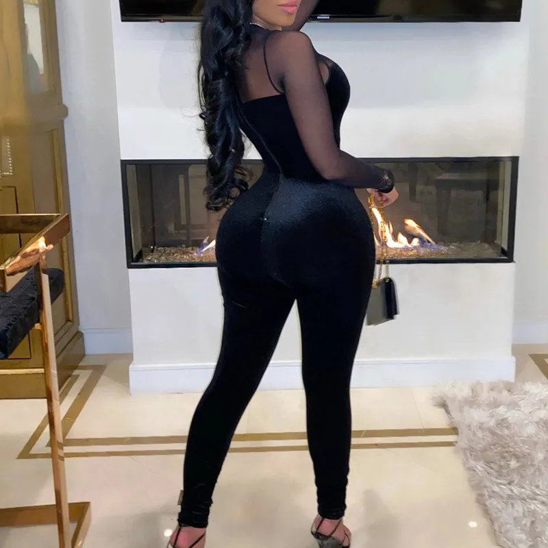 Solid Velvet Sheer Mesh Patchwork Long Sleeve Jumpsuit