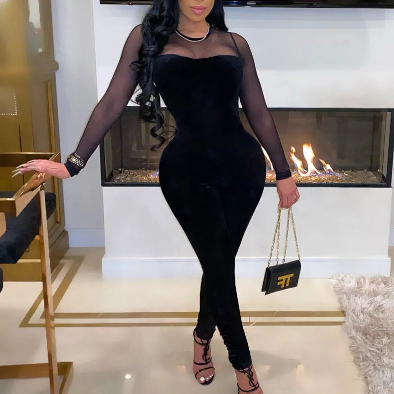 Solid Velvet Sheer Mesh Patchwork Long Sleeve Jumpsuit