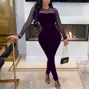 Solid Velvet Sheer Mesh Patchwork Long Sleeve Jumpsuit