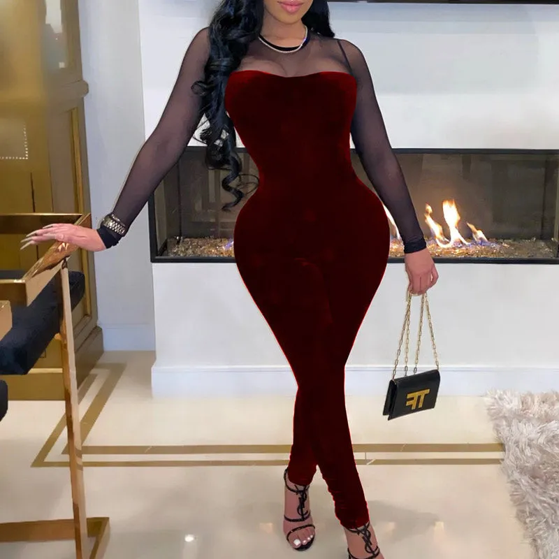 Solid Velvet Sheer Mesh Patchwork Long Sleeve Jumpsuit