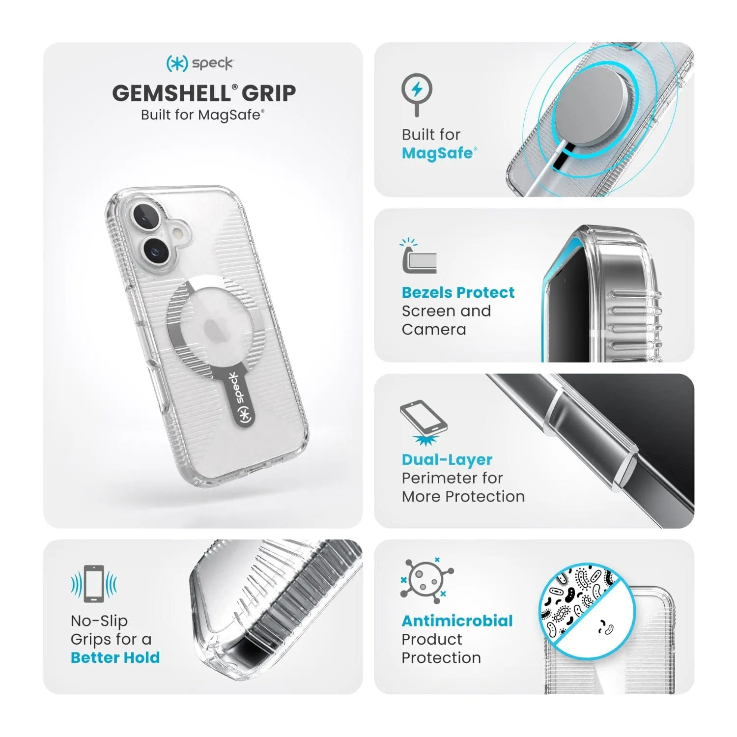 Speck Gemshell Grip MagSafe Case – Apple iPhone 16 – Clear & Chrome