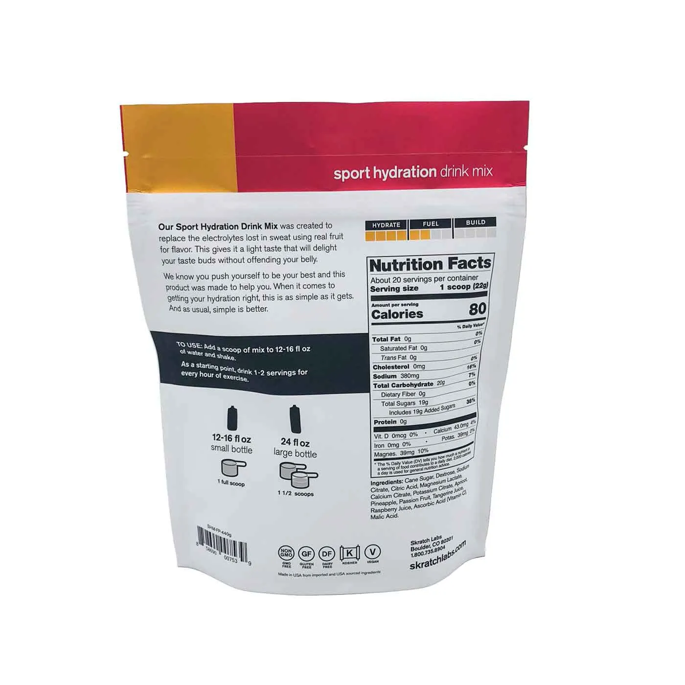 Sport Hydration Drink Mix, Fruit Punch, 20 Serving Resealable Pouch