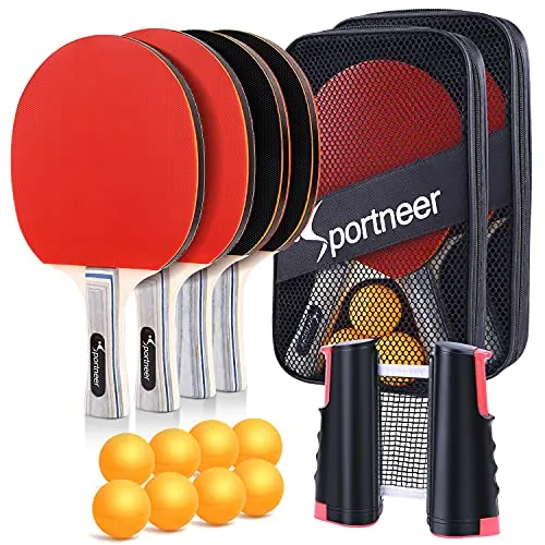 Sportneer Table Tennis Set, Red and Black Double-Sided Table Tennis Set of 4 Rackets and 8 Balls and 2 Storage Bag and 1 Net for Children Adult Advanced Home Team Indoor or Outdoor Play,Best Gift for Boys and Girls