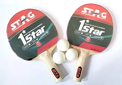 STAG 1 Star Table Tennis Playset (2 Racquets & 3 Balls) (White), (Model: 1 Star Playset)