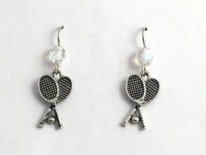 Sterling silver  crossed tennis racquets w/ ball dangle Earrings-racket, racquet