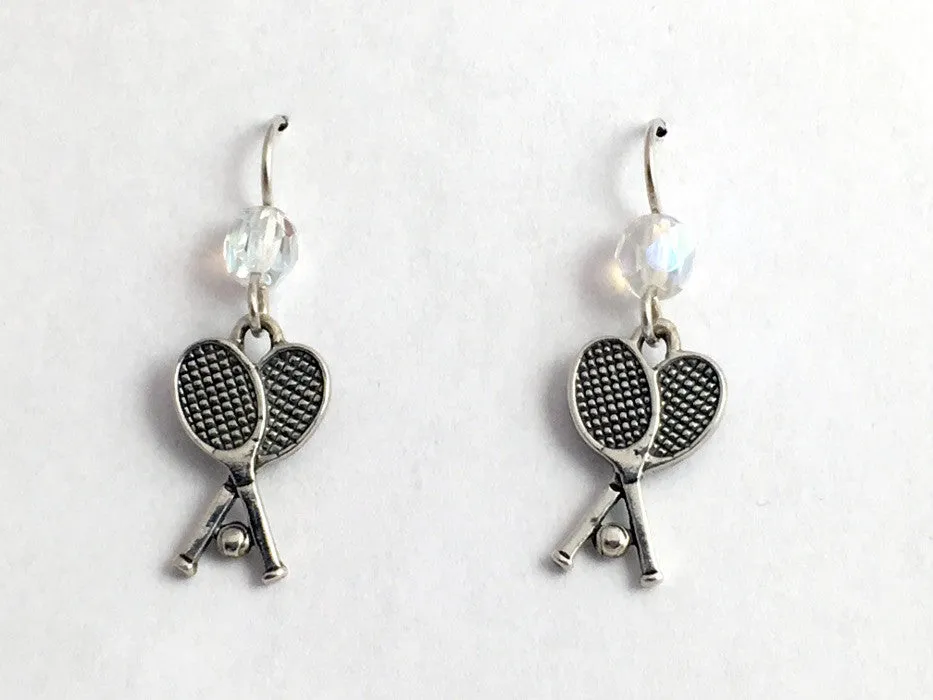 Sterling silver  crossed tennis racquets w/ ball dangle Earrings-racket, racquet