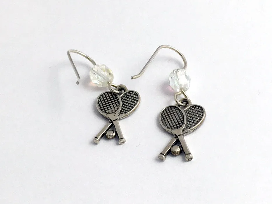 Sterling silver  crossed tennis racquets w/ ball dangle Earrings-racket, racquet