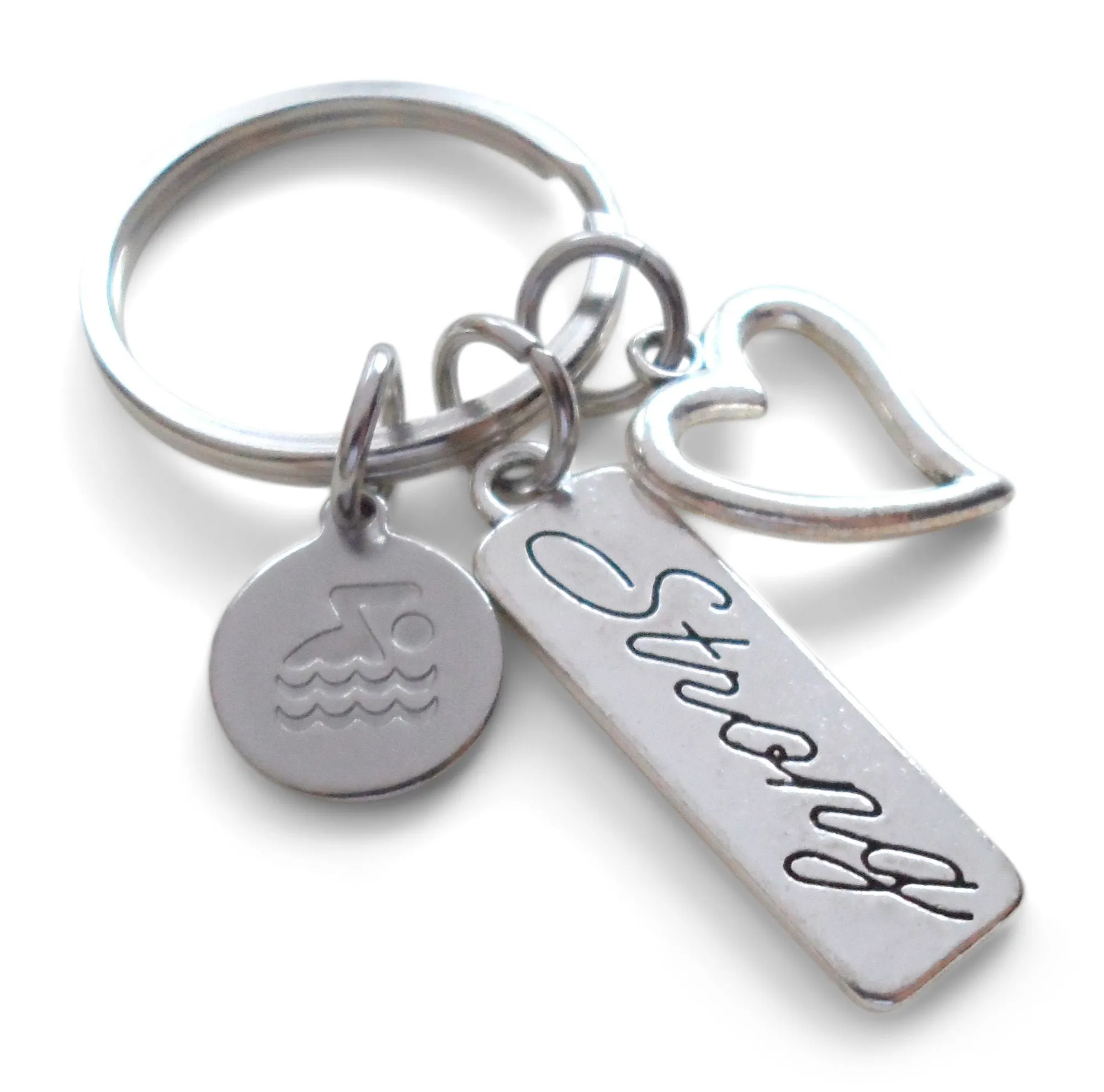 Swimmer Charm, Strong Tag, and Heart Charm Keychain, Swim Keychain, Swimming Fitness Encouragement Keychain