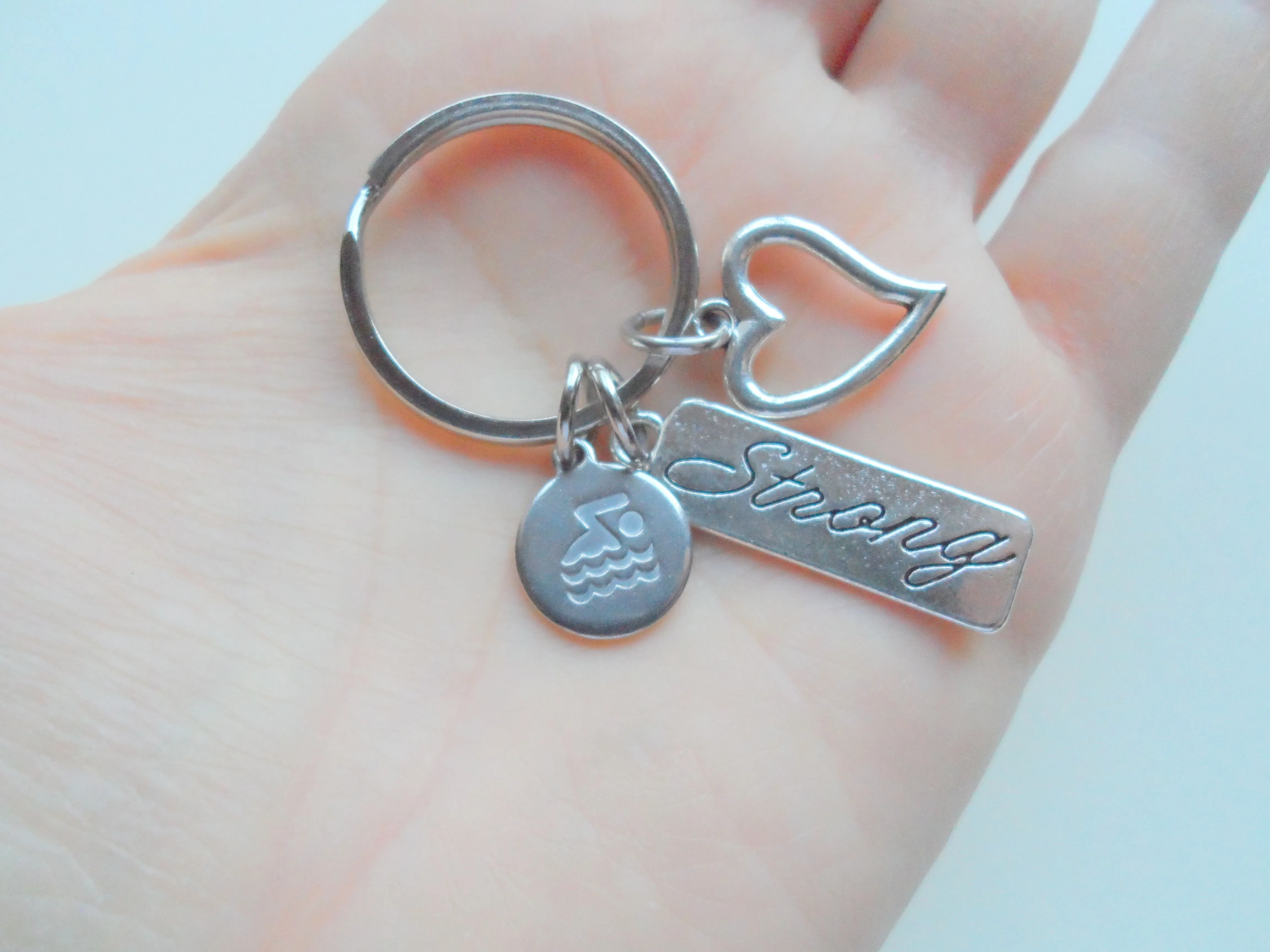Swimmer Charm, Strong Tag, and Heart Charm Keychain, Swim Keychain, Swimming Fitness Encouragement Keychain