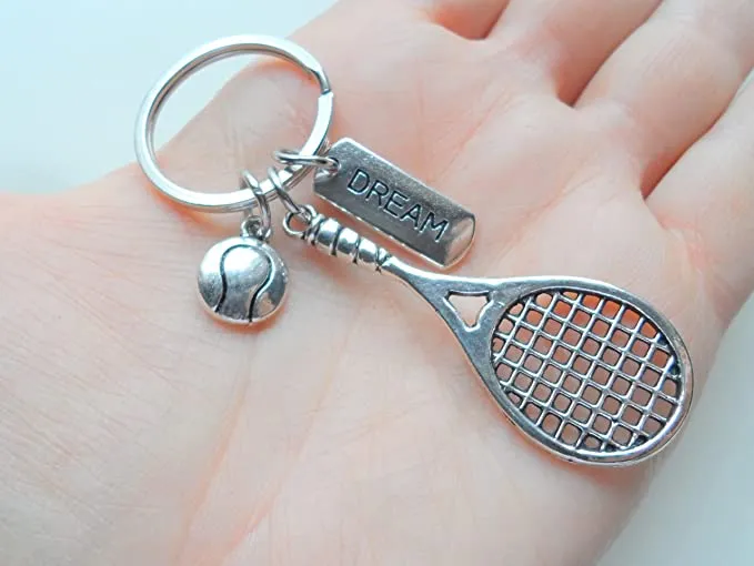 Tennis Keychain with Tennis Ball Charm & Dream Tag Charm, Tennis Player or Teacher Keychain