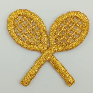 Tennis Patch Embroidery Metallic Gold Tennis Racket Iron-on Transfer Appliques Vintage Double Tennis Racquets Badge Patches #912