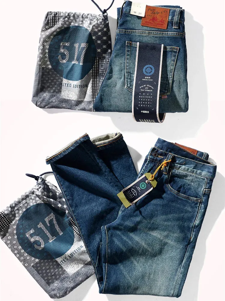 Thickened Heavyweight Elastic Denim Jeans - Men's Fashion Washed Old Casual Straight Pants