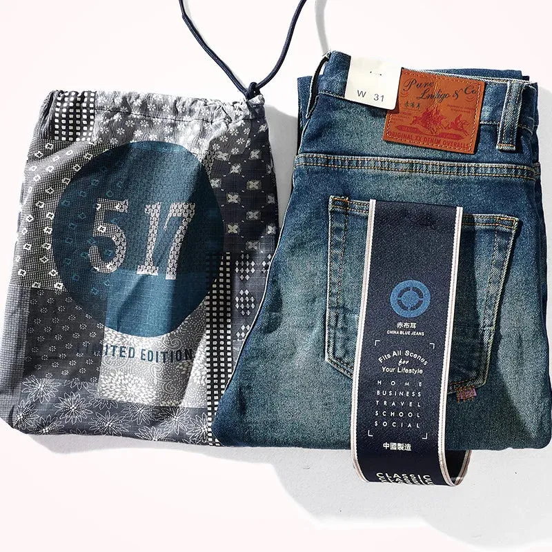 Thickened Heavyweight Elastic Denim Jeans - Men's Fashion Washed Old Casual Straight Pants
