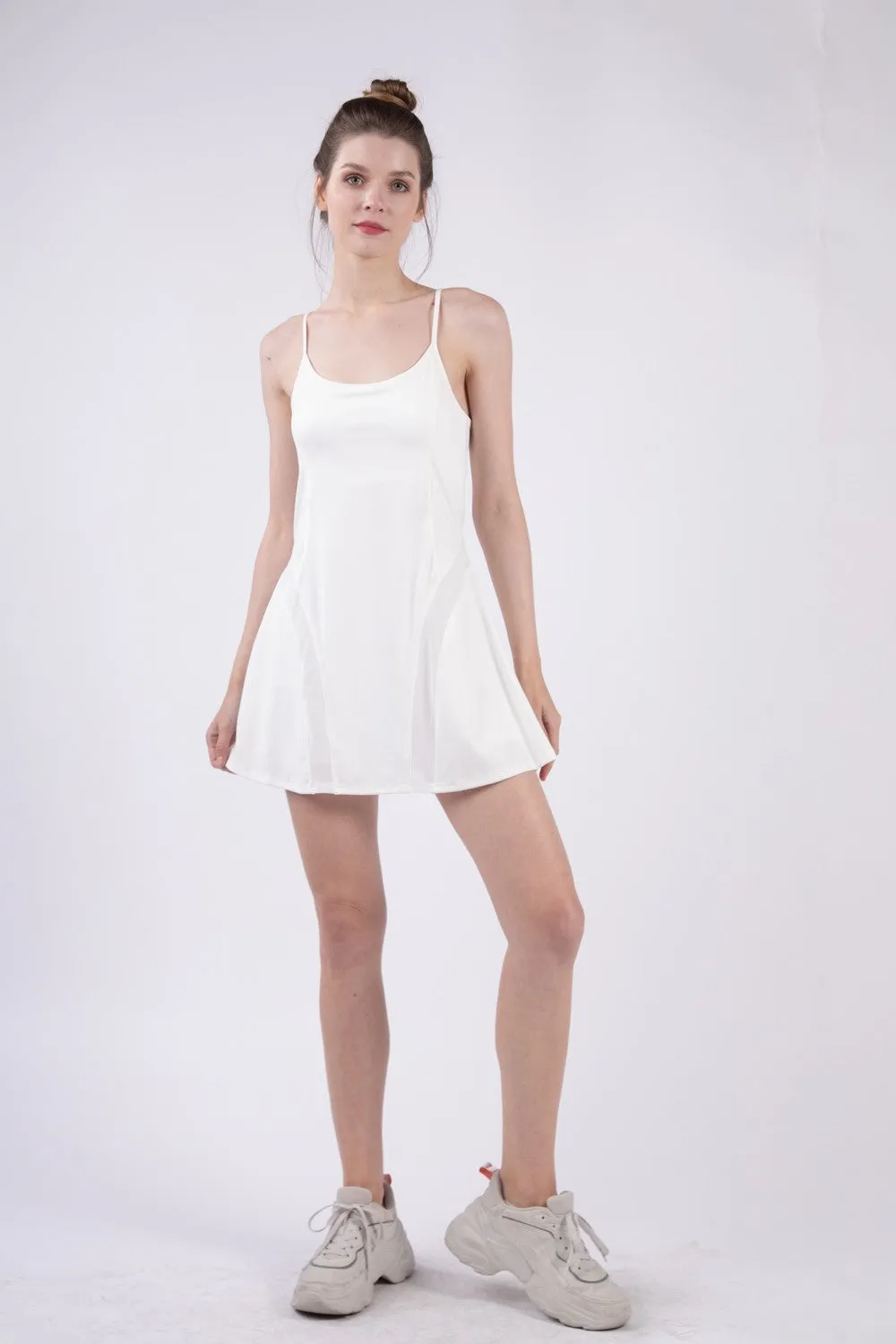 VERY J Mesh Detail Tennis Mini Active Dress with Shorts Inside - White