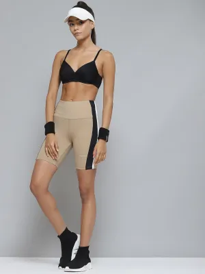 Women Beige Solid Side Striped Detail Skinny Fit High-Rise Training Sports Shorts
