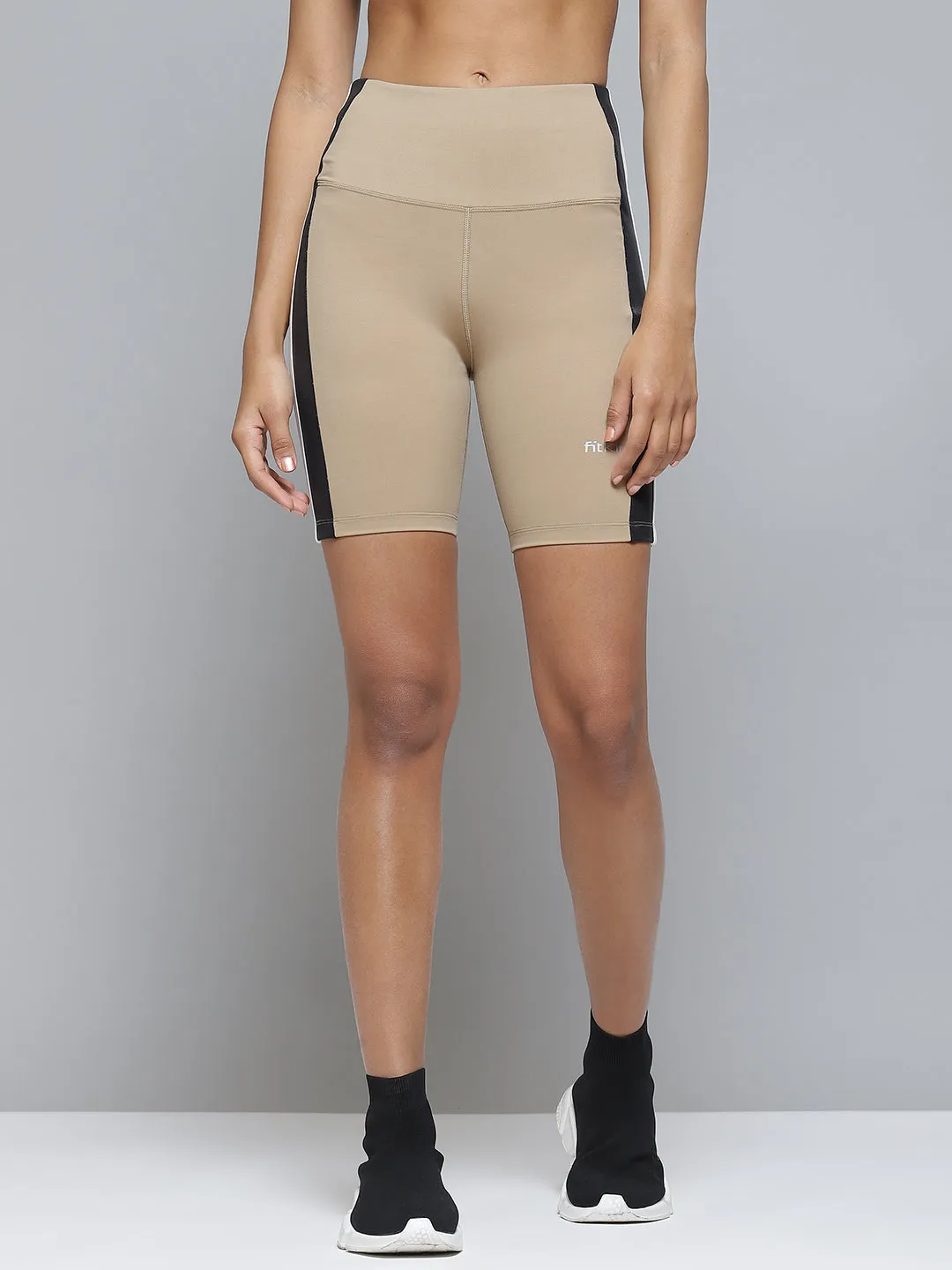 Women Beige Solid Side Striped Detail Skinny Fit High-Rise Training Sports Shorts