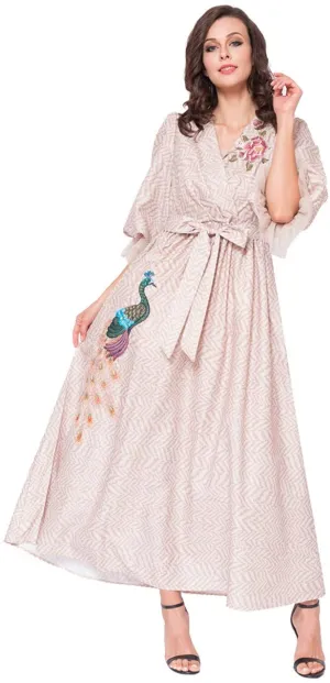 Women's Embroidered Half Sleeve Casual Pink Dress Muslim Dress with Belt