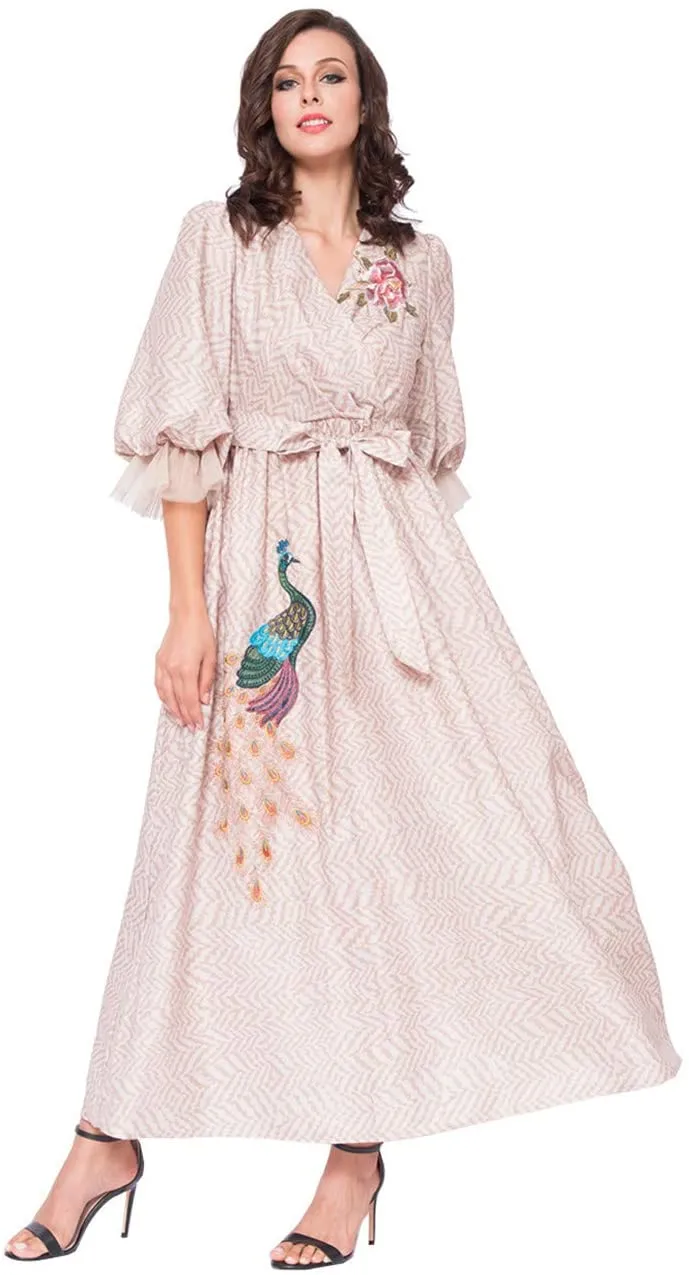 Women's Embroidered Half Sleeve Casual Pink Dress Muslim Dress with Belt
