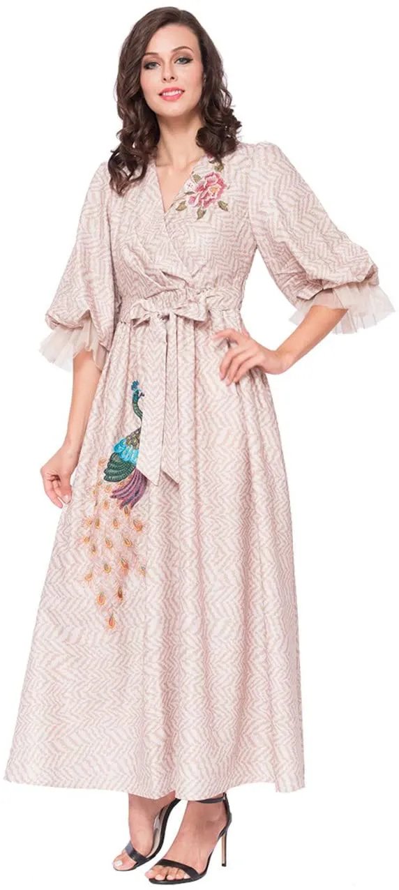Women's Embroidered Half Sleeve Casual Pink Dress Muslim Dress with Belt