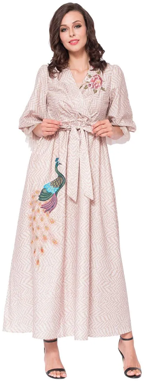Women's Embroidered Half Sleeve Casual Pink Dress Muslim Dress with Belt