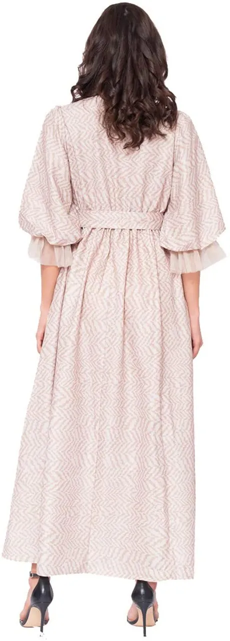 Women's Embroidered Half Sleeve Casual Pink Dress Muslim Dress with Belt