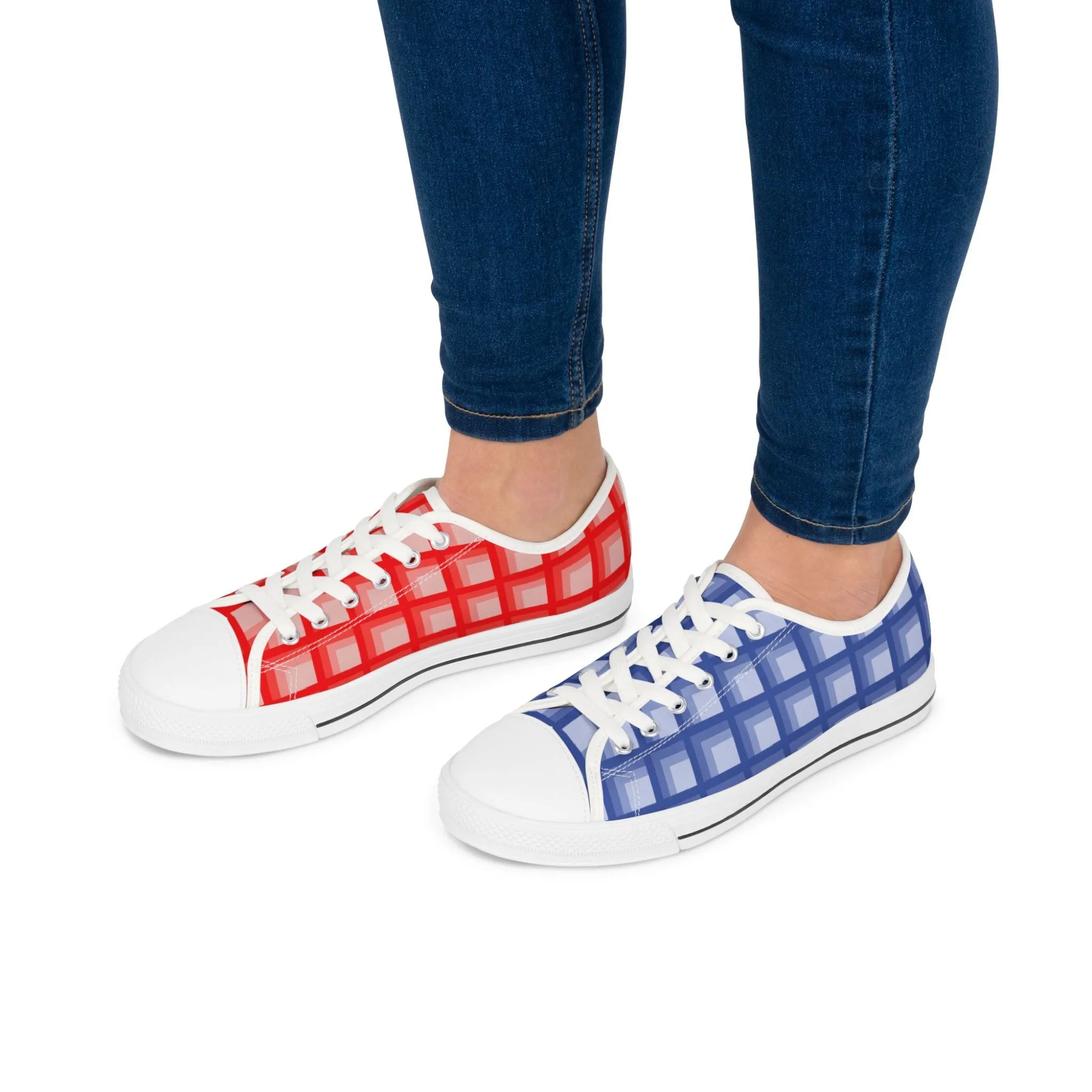 Women's Red & Blue Mismatched Geometric Low Top Sneakers
